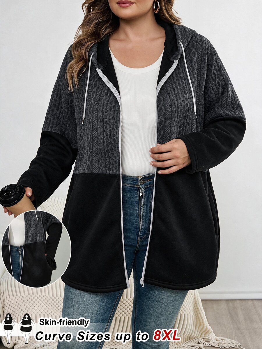 SHEIN CURVE+ Áo khoác trench dáng dài nữ size lớn, có mũ, dây rút, khóa kéo, phong cách thường ngày đa năng cho mùa thu - Nhiều màu - Xem 1