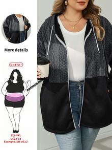 SHEIN CURVE+ Áo khoác trench dáng dài nữ size lớn, có mũ, dây rút, khóa kéo, phong cách thường ngày đa năng cho mùa thu - Nhiều màu - Xem 8