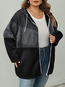 SHEIN CURVE+ Áo khoác trench dáng dài nữ size lớn, có mũ, dây rút, khóa kéo, phong cách thường ngày đa năng cho mùa thu - Nhiều màu - Xem 5