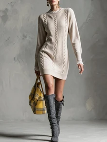 Breezaya Gaun Sweater Rajut Kabel Patchwork Renda untuk Wanita, Cocok untuk Pakaian Sehari-hari di Awal Musim Gugur - Aprikot - View 3