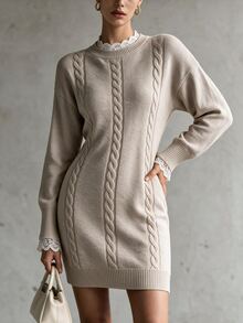 Breezaya Gaun Sweater Rajut Kabel Patchwork Renda untuk Wanita, Cocok untuk Pakaian Sehari-hari di Awal Musim Gugur - Aprikot - View 4