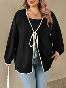 SHEIN CURVE+ Plus Size Women's Colorblock Casual Versatile Daily Wear Cardigan Fall - Black - View 6