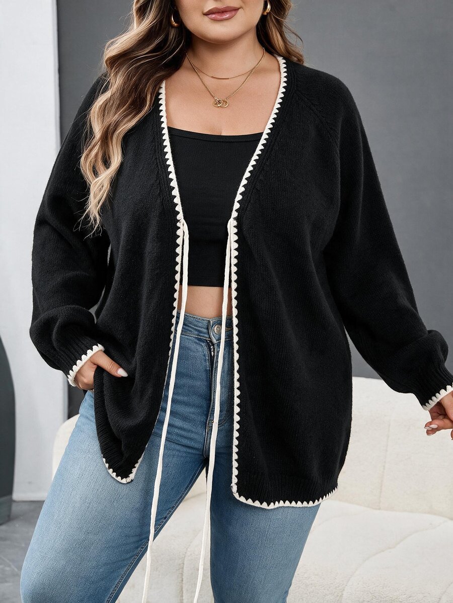 SHEIN CURVE+ Plus Size Women's Colorblock Casual Versatile Daily Wear Cardigan Fall - Black - View 1