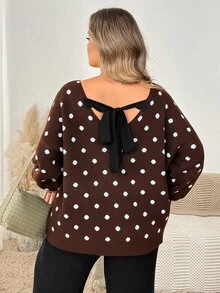 SHEIN CURVE+ 女款大尺碼休閒 1920 年代復古愛心圖案棕色 V 領露背毛衣 秋季正式居家穿著 - 彩色 - 查看 7