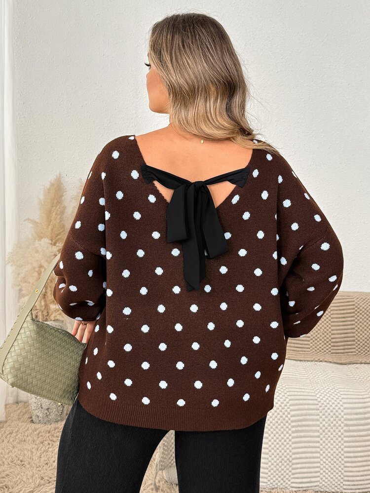 SHEIN CURVE+ Women's Plus Size Casual 1920 Vintage Heart Pattern Brown V-Neck Backless Sweater Autumn Formal Home Wear - Multicolor - View 7