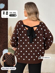 SHEIN CURVE+ 女款大尺碼休閒 1920 年代復古愛心圖案棕色 V 領露背毛衣 秋季正式居家穿著 - 彩色 - 查看 9