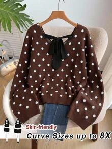 SHEIN CURVE+ 女款大尺碼休閒 1920 年代復古愛心圖案棕色 V 領露背毛衣 秋季正式居家穿著 - 彩色 - 查看 2