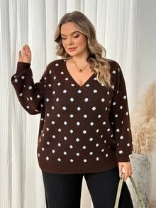 SHEIN CURVE+ 女款大尺碼休閒 1920 年代復古愛心圖案棕色 V 領露背毛衣 秋季正式居家穿著 - 彩色 - 查看 6