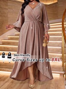 SHEIN CURVE+ فستان كاجوال للحفلات للنساء بمقاس كبير بياقة على شكل حرف V وتصميم مطوي - وردي مغبر - مشاهدة 3