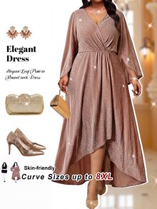 SHEIN CURVE+ فستان كاجوال للحفلات للنساء بمقاس كبير بياقة على شكل حرف V وتصميم مطوي - وردي مغبر - مشاهدة 1