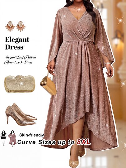 SHEIN CURVE+ Plus Size Women's V-Neck Pleated Casual Party Dress