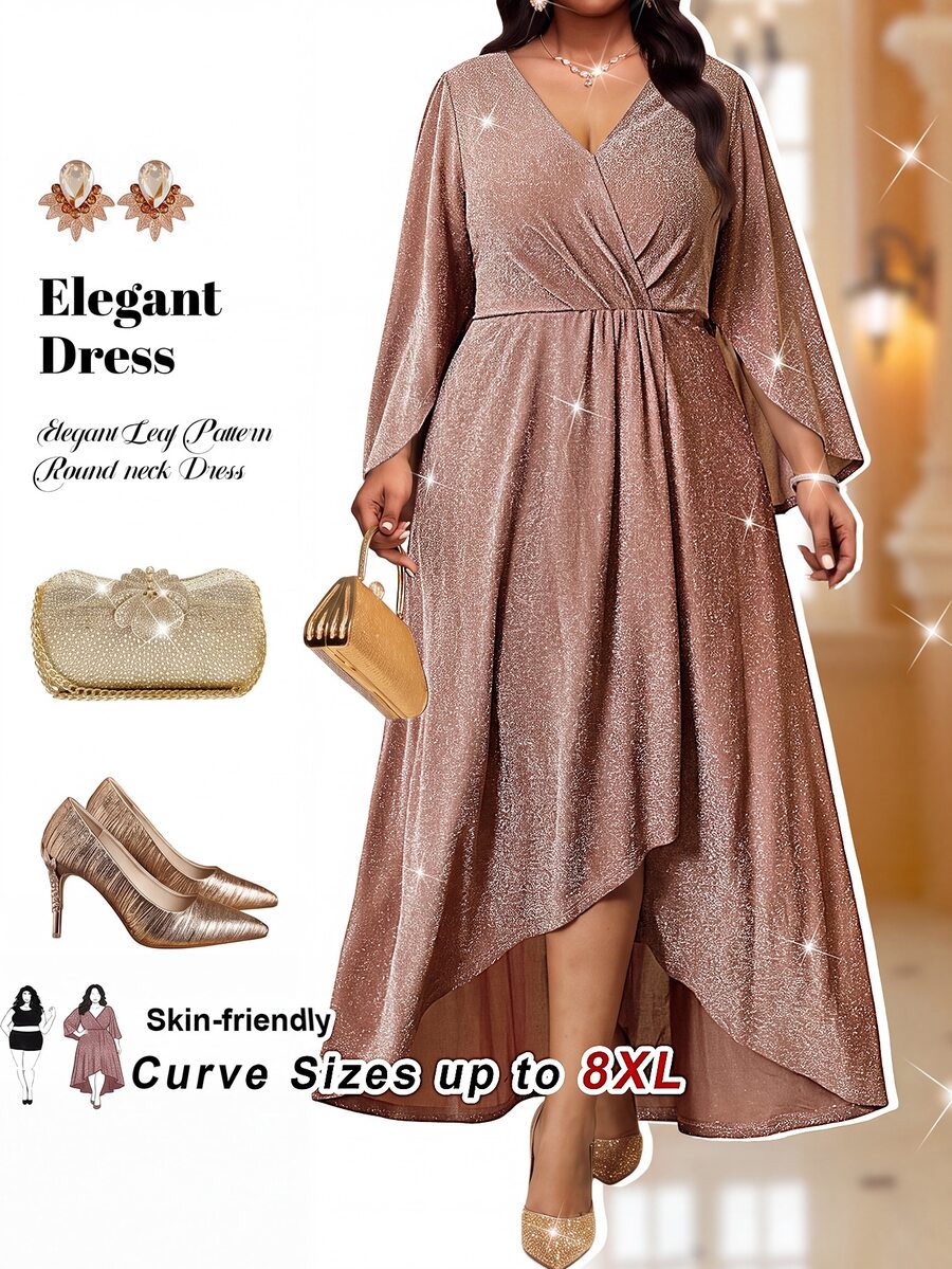 SHEIN CURVE+ فستان كاجوال للحفلات للنساء بمقاس كبير بياقة على شكل حرف V وتصميم مطوي - وردي مغبر - مشاهدة 1