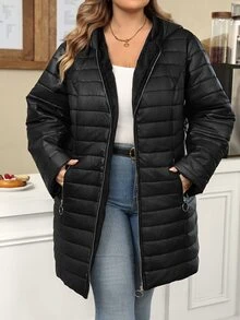 SHEIN CURVE+ Plus Size Women's Black Hooded Colorblock Thick Pocket Zipper Down Jacket, Autumn/Winter Christmas - Black - View 7