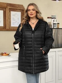 SHEIN CURVE+ Plus Size Women's Black Hooded Colorblock Thick Pocket Zipper Down Jacket, Autumn/Winter Christmas - Black - View 5