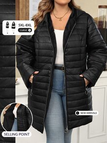 SHEIN CURVE+ Plus Size Women's Black Hooded Colorblock Thick Pocket Zipper Down Jacket, Autumn/Winter Christmas - Black - View 2