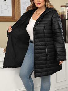 SHEIN CURVE+ Plus Size Women's Black Hooded Colorblock Thick Pocket Zipper Down Jacket, Autumn/Winter Christmas - Black - View 10