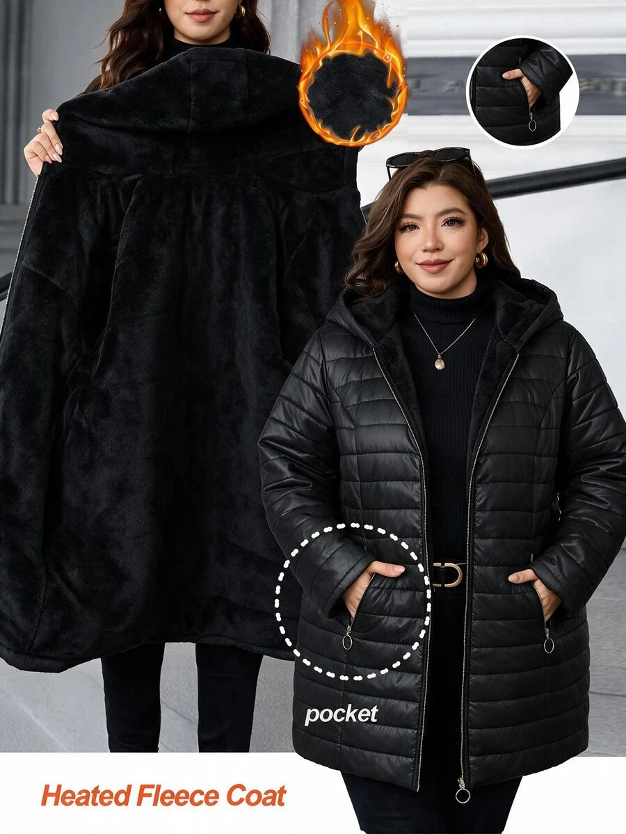 SHEIN CURVE+ Plus Size Women's Black Hooded Colorblock Thick Pocket Zipper Down Jacket, Autumn/Winter Christmas - Black - View 1