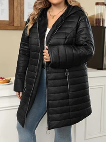 SHEIN CURVE+ Plus Size Women's Black Hooded Colorblock Thick Pocket Zipper Down Jacket, Autumn/Winter Christmas - Black - View 4