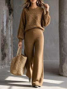 SHEIN Setelan Rajut Wanita 2 Potong, Sweater Crop Lengan Panjang & Celana Panjang Lebar - Coklat - View 7