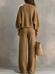 SHEIN Setelan Rajut Wanita 2 Potong, Sweater Crop Lengan Panjang & Celana Panjang Lebar - Coklat - View 2