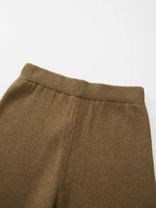 SHEIN Setelan Rajut Wanita 2 Potong, Sweater Crop Lengan Panjang & Celana Panjang Lebar - Coklat - View 5