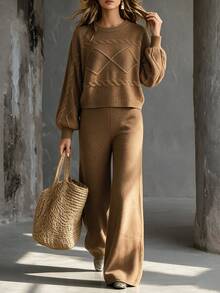 SHEIN Setelan Rajut Wanita 2 Potong, Sweater Crop Lengan Panjang & Celana Panjang Lebar - Coklat - View 1