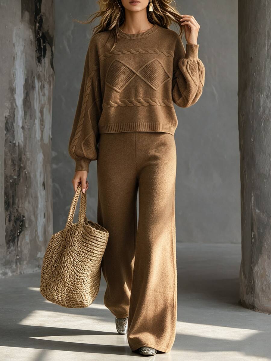 SHEIN Setelan Rajut Wanita 2 Potong, Sweater Crop Lengan Panjang & Celana Panjang Lebar - Coklat - View 1
