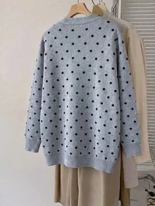 SHEIN CURVE+ Plus Size Women's Polka Dot Bowknot Contrast Color Casual Daily Sweater Cardigan Winter - Grey - View 3