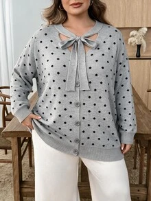 SHEIN CURVE+ Plus Size Women's Polka Dot Bowknot Contrast Color Casual Daily Sweater Cardigan Winter - Grey - View 1