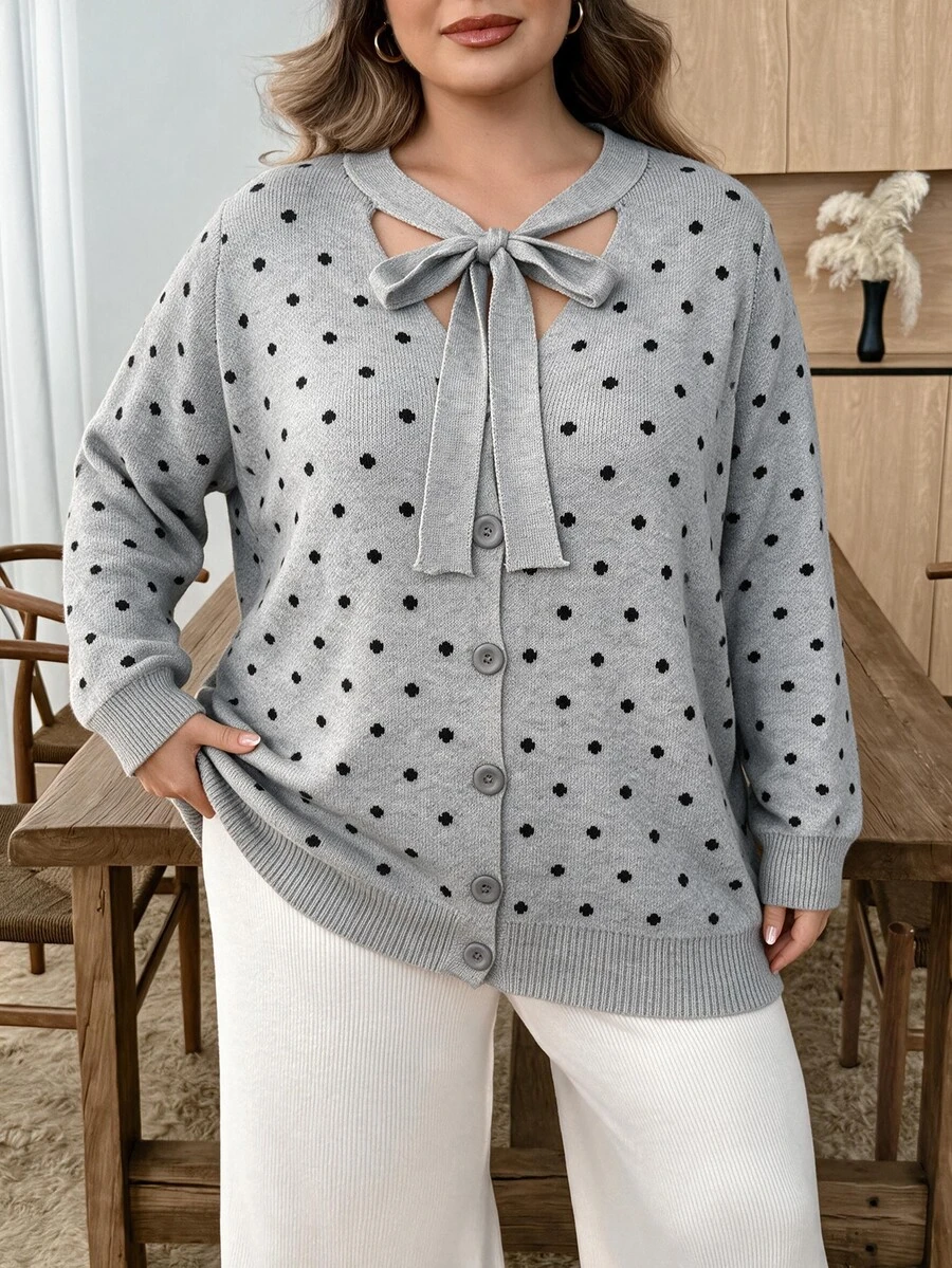 SHEIN CURVE+ Plus Size Women's Polka Dot Bowknot Contrast Color Casual Daily Sweater Cardigan Winter - Grey - View 1