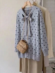 SHEIN CURVE+ Plus Size Women's Polka Dot Bowknot Contrast Color Casual Daily Sweater Cardigan Winter - Grey - View 5
