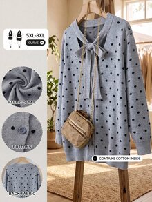 SHEIN CURVE+ Plus Size Women's Polka Dot Bowknot Contrast Color Casual Daily Sweater Cardigan Winter - Grey - View 6
