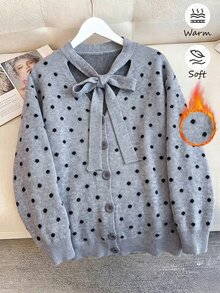 SHEIN CURVE+ Plus Size Women's Polka Dot Bowknot Contrast Color Casual Daily Sweater Cardigan Winter - Grey - View 2