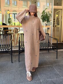 Solavon 3D Blue Floral Embroidered Round Neck Knit Dress, Loose Fit Long Sweater Dress - Brown - View 7