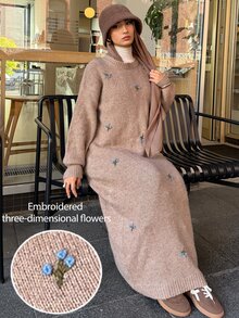 Solavon 3D Blue Floral Embroidered Round Neck Knit Dress, Loose Fit Long Sweater Dress - Brown - View 2