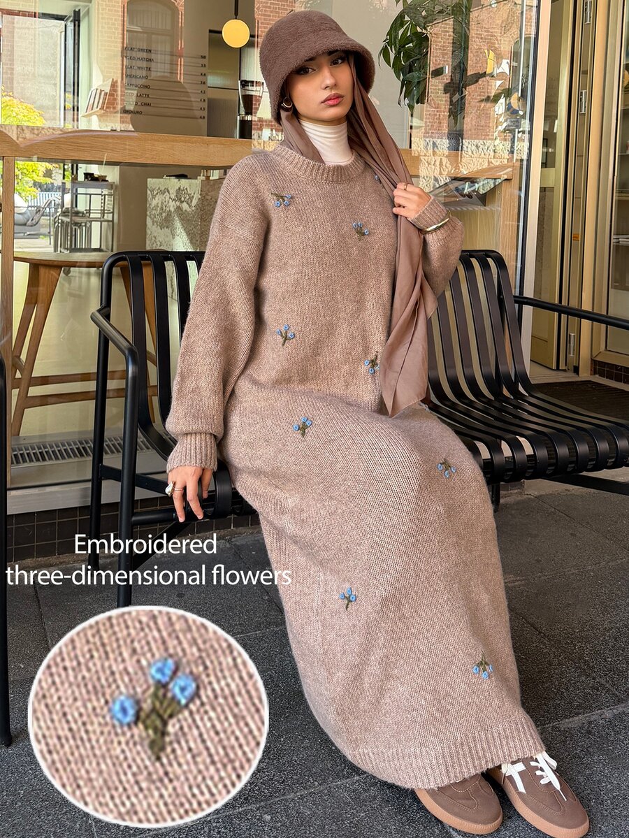 Solavon 3D Blue Floral Embroidered Round Neck Knit Dress, Loose Fit Long Sweater Dress
