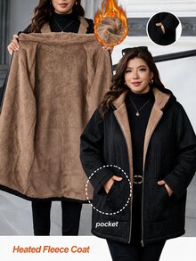 SHEIN CURVE+ Plus Size Women Solid Color Thermal Lined Casual Versatile Long Sleeve Jacket Winter - Black - View 1