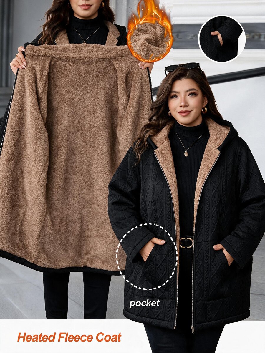 SHEIN CURVE+ Plus Size Women Solid Color Thermal Lined Casual Versatile Long Sleeve Jacket Winter - Black - View 1
