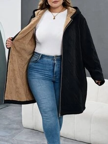 SHEIN CURVE+ Plus Size Women Solid Color Thermal Lined Casual Versatile Long Sleeve Jacket Winter - Black - View 3
