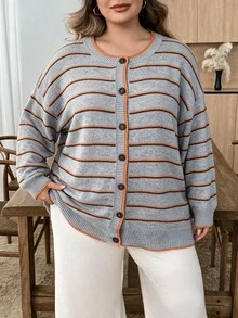 SHEIN CURVE+ Cardigan Sweater Wanita Ukuran Plus Terbaru, Modis, Kasual, Bergaris Warna-warni Biru, Pakaian Luar Musim Semi, Gugur, dan Musim Dingin yang Sederhana dan Serbaguna - MultiWarna - View 1