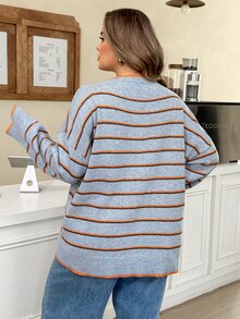 SHEIN CURVE+ Cardigan Sweater Wanita Ukuran Plus Terbaru, Modis, Kasual, Bergaris Warna-warni Biru, Pakaian Luar Musim Semi, Gugur, dan Musim Dingin yang Sederhana dan Serbaguna - MultiWarna - View 6
