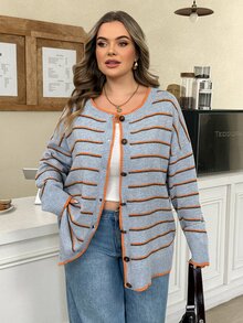 SHEIN CURVE+ Cardigan Sweater Wanita Ukuran Plus Terbaru, Modis, Kasual, Bergaris Warna-warni Biru, Pakaian Luar Musim Semi, Gugur, dan Musim Dingin yang Sederhana dan Serbaguna - MultiWarna - View 10
