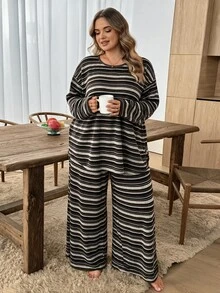 SHEIN CURVE+ Plus Striped Drop Shoulder Tee & Wide Leg Pants Fall - Multicolor - View 7