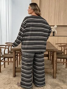 SHEIN CURVE+ Plus Striped Drop Shoulder Tee & Wide Leg Pants Fall - Multicolor - View 5