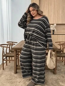 SHEIN CURVE+ Plus Striped Drop Shoulder Tee & Wide Leg Pants Fall - Multicolor - View 8