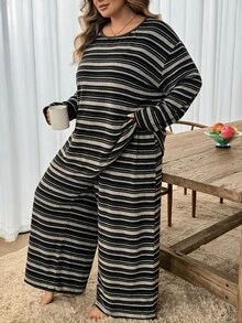 SHEIN CURVE+ Plus Striped Drop Shoulder Tee & Wide Leg Pants Fall - Multicolor - View 3