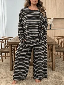 SHEIN CURVE+ Plus Striped Drop Shoulder Tee & Wide Leg Pants Fall - Multicolor - View 4