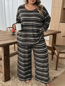 SHEIN CURVE+ Plus Striped Drop Shoulder Tee & Wide Leg Pants Fall - Multicolor - View 1