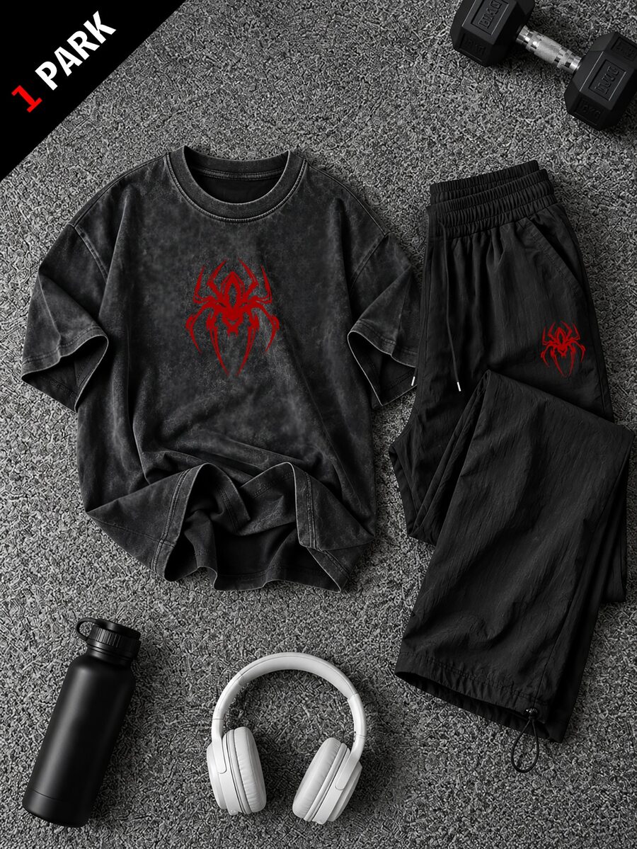 Gym Rark 男士圓領蜘蛛圖案短袖上衣與休閒寬鬆寬腿褲運動套裝,健身房 - 黑色 - 查看 1