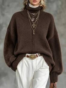 SHEIN New Style High Turtleneck Knit Pullover In Coffee Brown - Brown - View 3